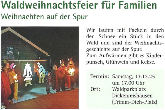 Waldweihnachtsfeier für Familien am 13.12.25 um 17 Uhr am Waldparkplatz in Dickenreishausen